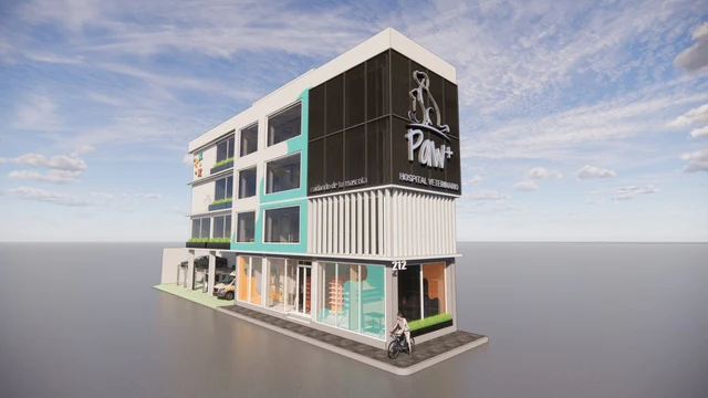 Visualización arquitectónica de un edificio comercial de varios niveles