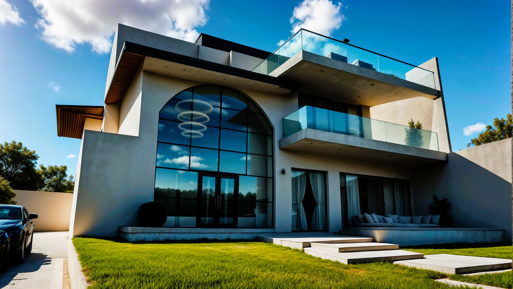 Fachada residencial contemporánea con ventanales de doble altura y terrazas